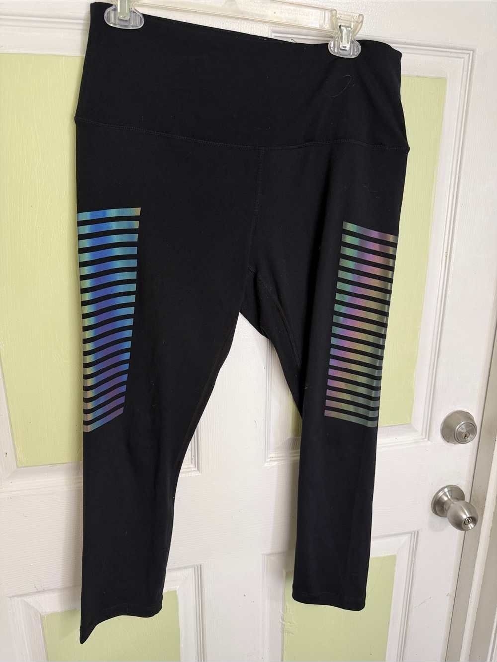 Black Athletic Leggings with Iridescent Stripe Panels